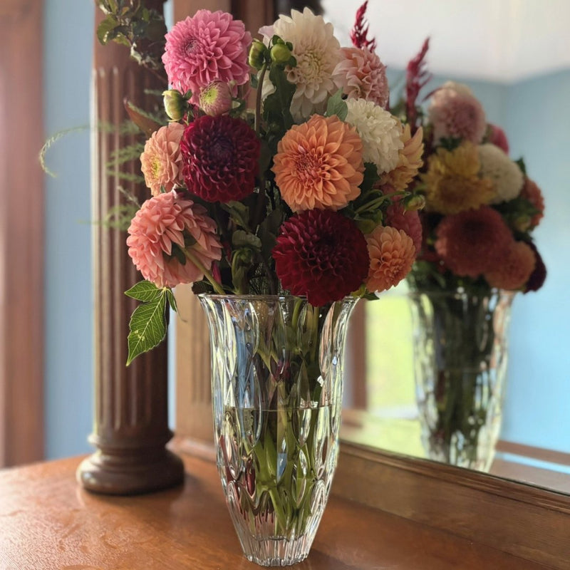 Mixed dahlias in a cut glass vase reflected in a mirror